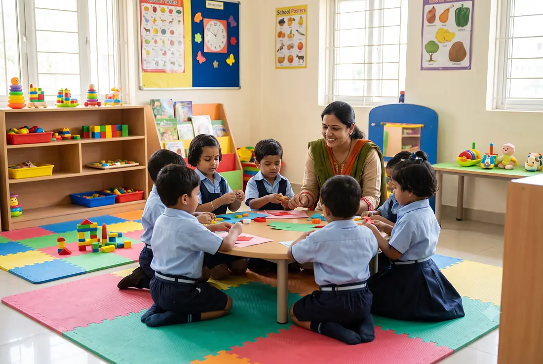 Nursery to UKG children doing a hands-on craft activity with their teacher
