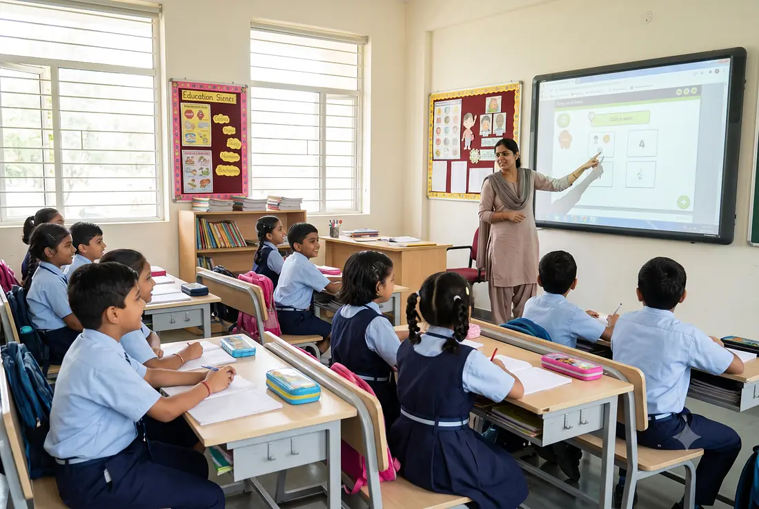 Primary classroom with a teacher using a smart board and students at their desks